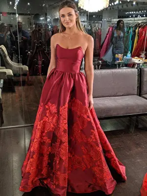 Jovani red strapless floral print prom dress 02038